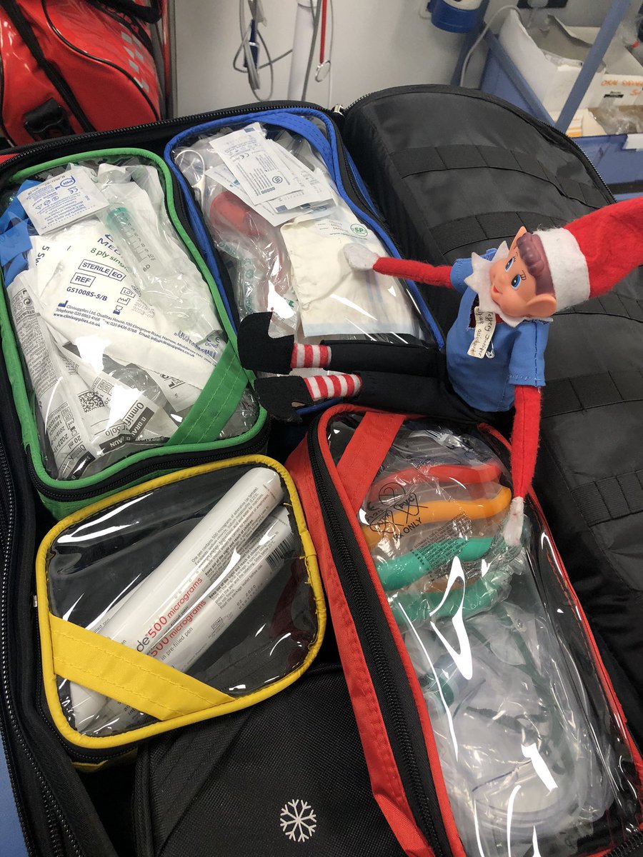 jemimakempton's tweet photo. Busy morning for Jeffery, supervising staff cross checking resus equipment into our shiny new resus trolley bag - no rest for him today after all @esmee_rmn @gemsy21 @keri_gi @greer_andy @TheEllisLife @SueSpeak_DPT @carolinestacey6 #jefferyjuniper #elfandsafetyfirst #physicalelf https://t.co/OjG9LaODOy