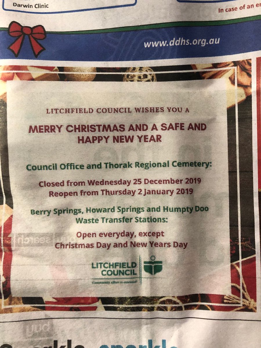 MotlopM's tweet photo. Are you F***ing kidding me!!! - people want to visit their love ones on Christmas Day but cant now as this has now change according to this notice - if you have love ones buried at Thorax Cemetery,  get on the phone to Litchfield Council - the heartless bastards https://t.co/zPzFE7vGYj
