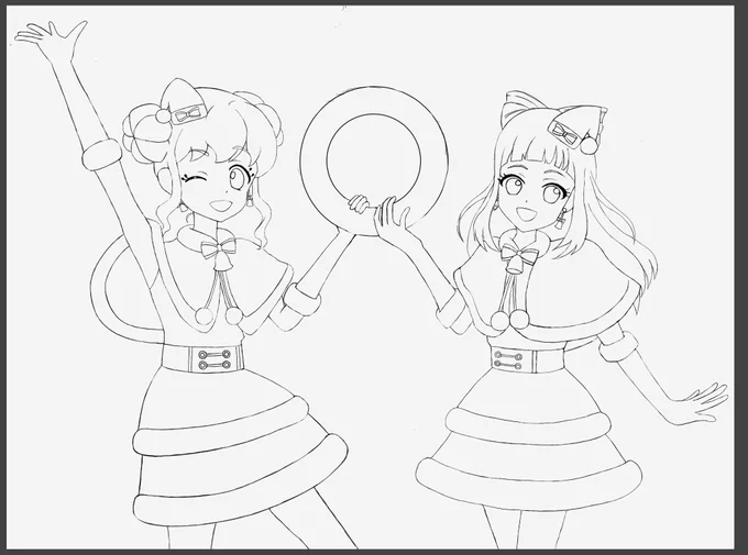 クリスマスのイラストをきららちゃんとあこちゃんで描こうと思い、頑張っております。が、めげそうです。二人が持ってるリースどうしようかなあ・・・。 
