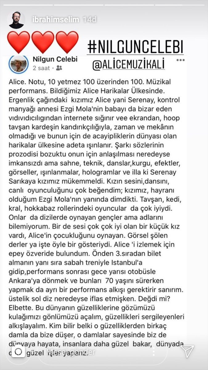 Nilgün Çelebi'ye koca bi 🧿 70 yaşındaki bu şevkini Allah herkese nasip etsin, istediği alkışları da cidden hak ediyor👏👏 Ve #AliceMüzikali ile ilk kez çıktığı sahnede Serenay Sarıkaya'nın 7'den 70'e herkesten tam not almasına da ayrı alkış👏 Her işinde başarıların daim olsun😘