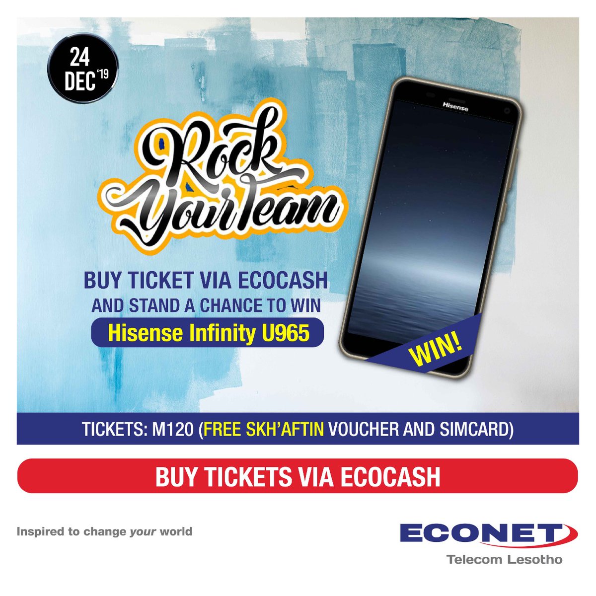 econetlesotho's tweet photo. Econet Telecom Lesotho is the proud sponsor of Rock Your Team #SummerTimeFlex💃💃. Buy tickets via EcoCash and stand a chance to WIN smart phones📱📱, data, airtime and many more prizes. For each ticket purchased, you get a FREE Skh'aftin voucher.
#EconetLesotho #Inspired https://t.co/kkKFBFCWnF