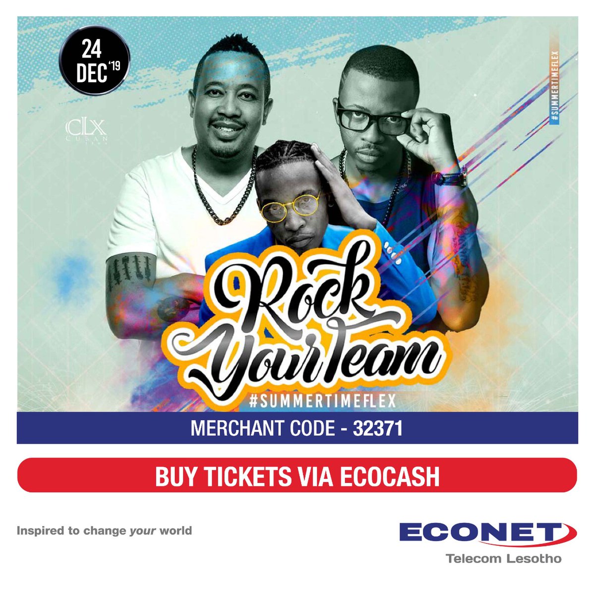 econetlesotho's tweet photo. Econet Telecom Lesotho is the proud sponsor of Rock Your Team #SummerTimeFlex💃💃. Buy tickets via EcoCash and stand a chance to WIN smart phones📱📱, data, airtime and many more prizes. For each ticket purchased, you get a FREE Skh'aftin voucher.
#EconetLesotho #Inspired https://t.co/kkKFBFCWnF