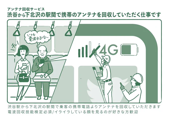 空想ワークス

たま〜にある、イラッとする事や不思議な事。実は全て仕事だったとしたら…

そんな、求人を集めました。
本日は「◯◯◯線の渋谷駅〜下北沢駅間で携帯の電波が繋がりにくい…」実は、アンテナ回収サービスの仕事

#空想ワークス 