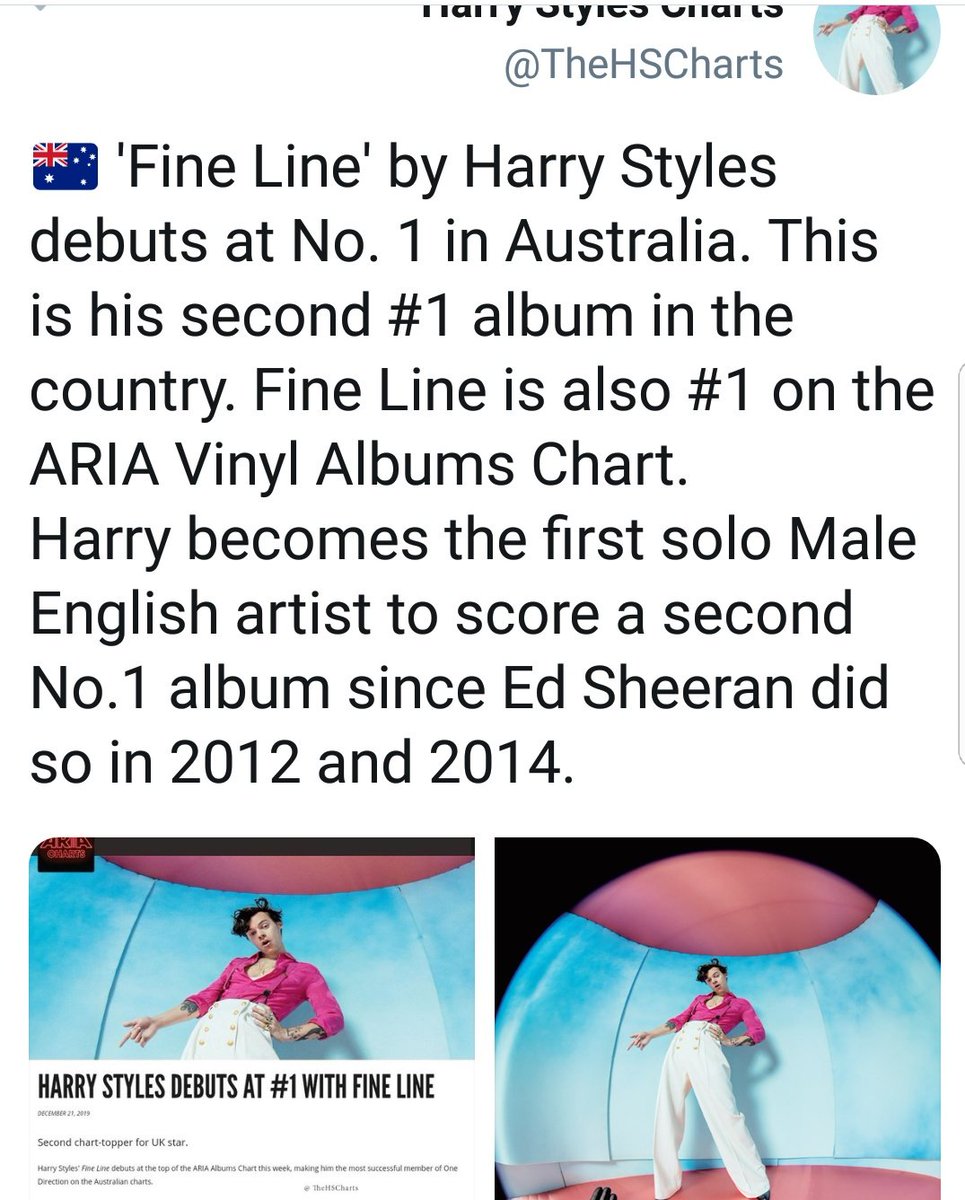 Harry and Ed are now the only english male artists to have TWO albums that debuted at #1 on ARIA charts australia. Harry achieved a new peak of #1 in NZ. Harrys Vinyl debuted at #1 in the UK vinyl chart. Also, "harry styles" is one of the best selling debut albums of the DECADE.