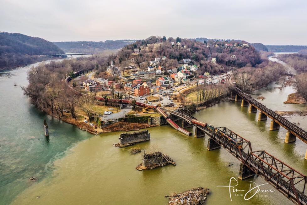 AugensteinWTOP's tweet photo. Drone photo of today’s freight train derailment in Harper’s Ferry. Photo credit: Tim Drone. https://t.co/3MgPm2Kelk