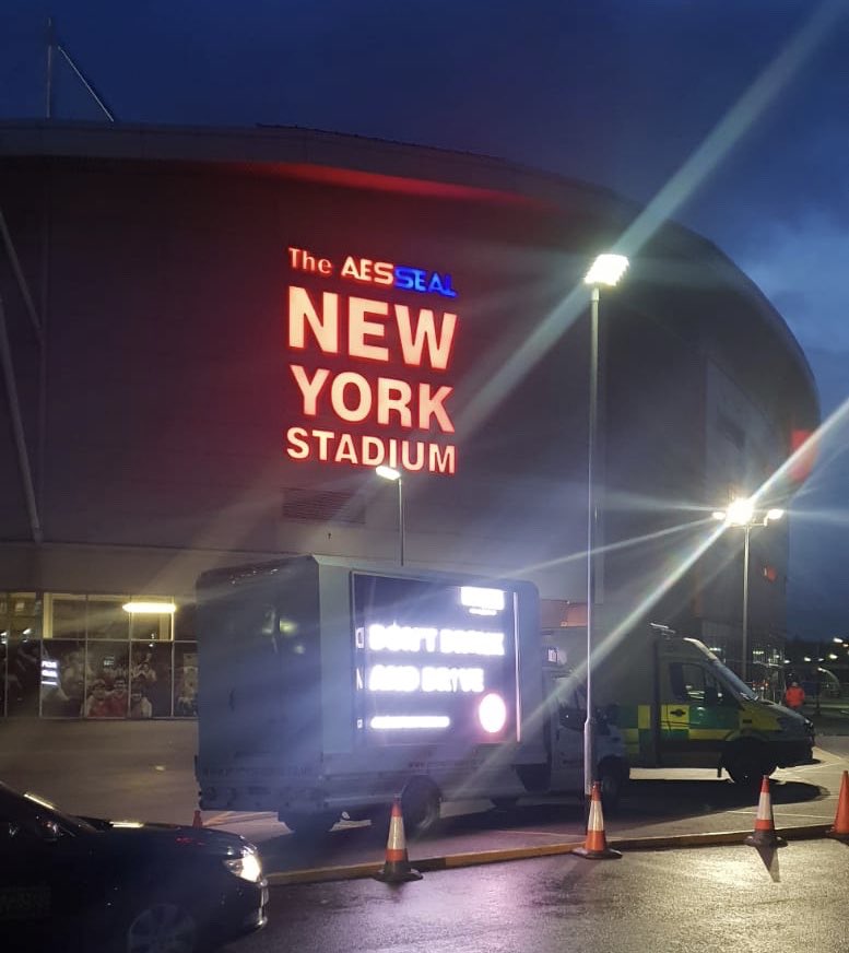 DigivansNorth's tweet photo. Our @safer_roads Digivan is in #Rotherham today with an important anti drink-driving message #NoneForTheRoad @OfficialRUFC  @SYPOperations https://t.co/92cnEyiAkB