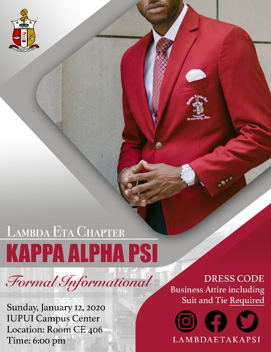 lambdaetakapsi's tweet image. The Lambda Eta Chapter of Kappa Alpha Psi Fraternity, Inc. will be holding a Formal Informational at IUPUI&apos;s Campus Center, RM CE 406.
Date: 1/12/2020
Time: 6:00 PM
Business attired required. *Suite &amp;amp; Tie*
Point of Contact: Eugene Murray at gitlive@gmail.com