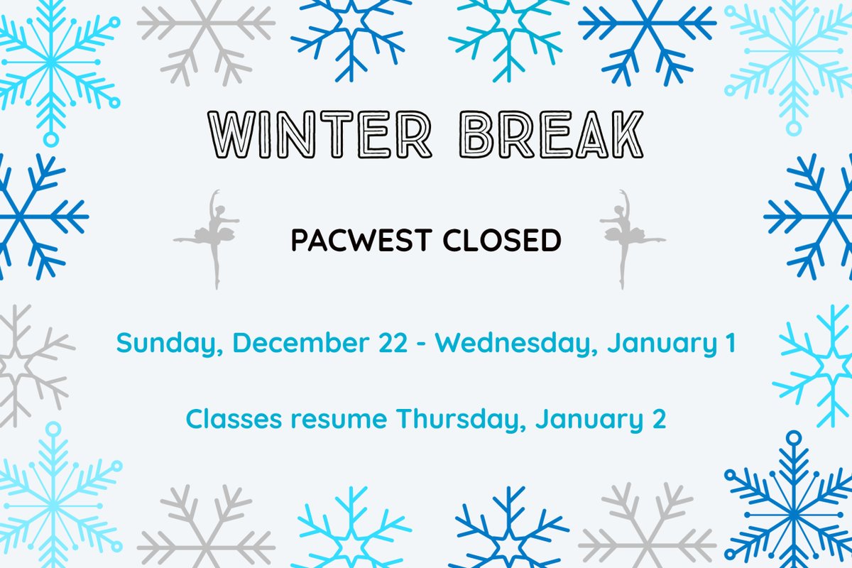 PacWestDance's tweet photo. No Classes Sunday Dec. 22 through Wednesday Jan 1. Enjoy your break! Happy Holidays from all of us at PacWest Dance! We will see you in 2020.

Do you love PacWest? Follow us on Facebook and Instagram and recommend us to your friends!

https://t.co/3UxtgOS2ZG https://t.co/FP2ZeP3vEt