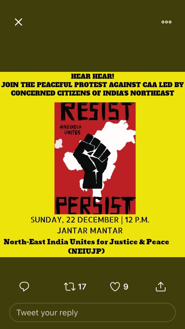 On 22 December, 12 noon, Indigenous Peoples of Northeast India will be holding a “peaceful protest” against the #CitizenshipAmendmentAct Act in Jantar Mantar in #NewDelhi #NortheastUnites #PeaceJustice #Resist #Persist #FightRacism #FightDiscrimination