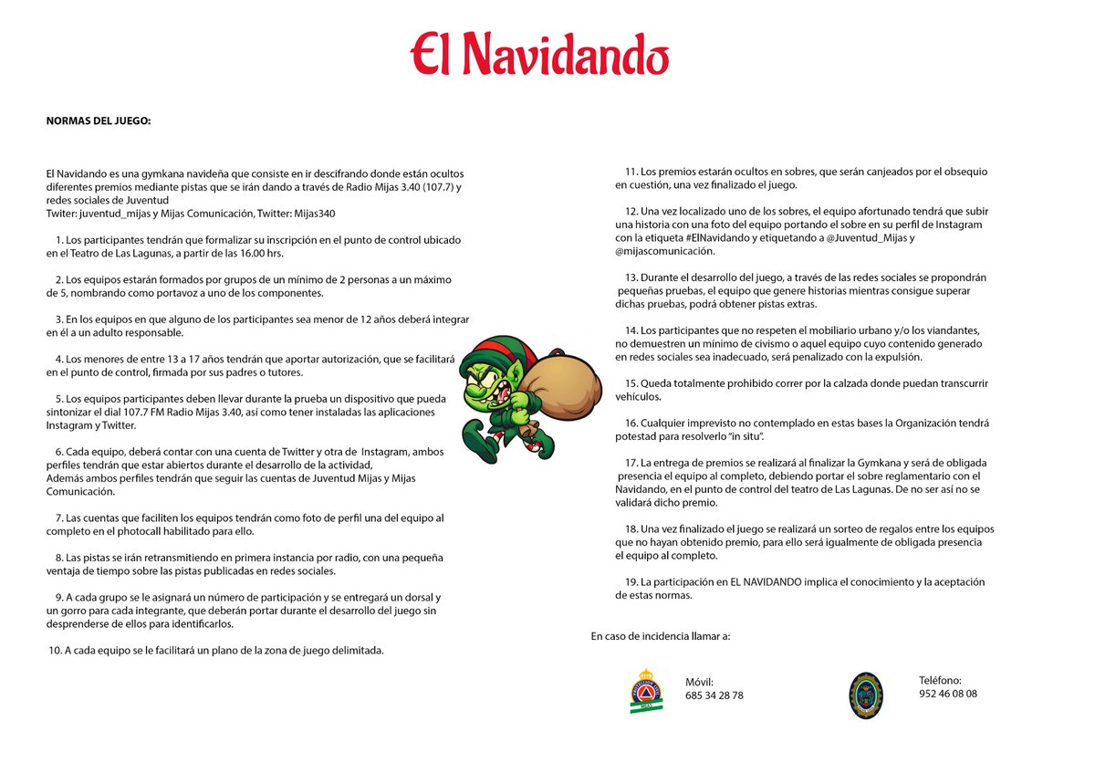 juventud_mijas's tweet photo. Resuelve todas tus dudas sobre la #Gymkana #ElNavidando de un solo vistazo 👇👇 en el resumen de NORMAS de participación. Recuerda que empezamos a las 16.00 horas, en el Teatro Las Lagunas, con las inscripciones 🎄🎙️📲🎁😜 con @juventud_mijas y @Mijas340 https://t.co/MXGN8gbU23