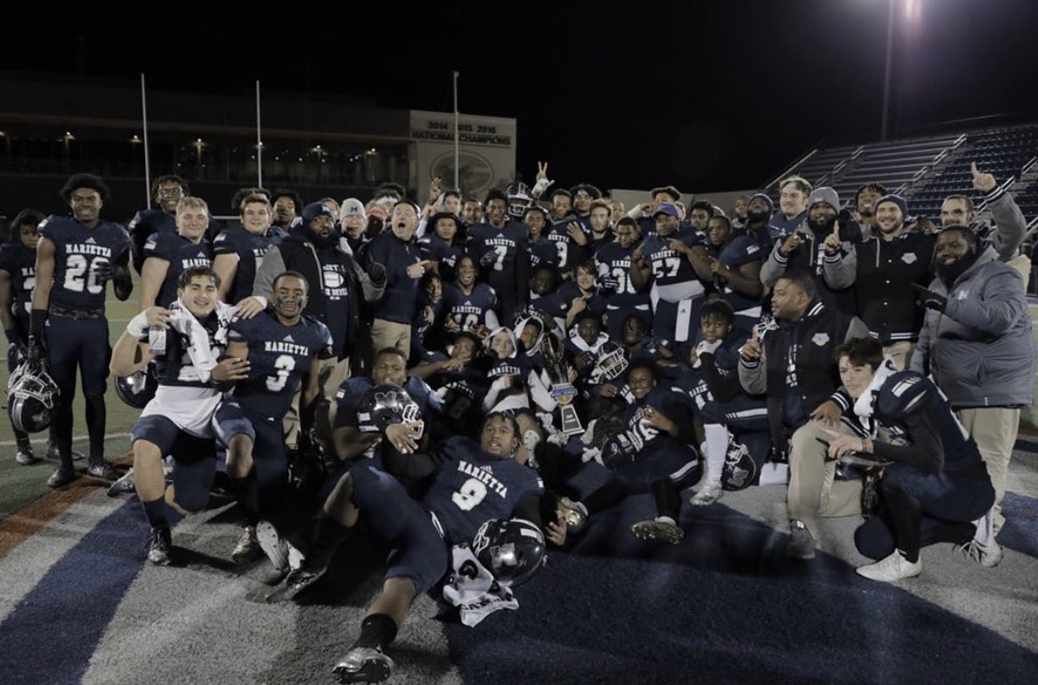 MSFoundation2's tweet photo. So proud of these young men, our gifted coaches and our Marietta High School Blue Devil Fan Nation!! 🏈❤️ Congratulations on the Big Bowl Win, yesterday on ESPNU!! 🏆🏈 https://t.co/3KfbYsRmwz
