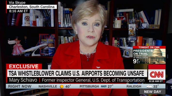 Media: <a href="/MarySchiavo/">Mary Schiavo</a> on @NewDay on the <a href="/TSA/">TSA</a> #whistleblower report of lowered security measures to gain speed at airports: "No," we're not safe, "not when this is the attitude and this is what's happening at security. This is exactly the leadup to what happened on Sept. 11, 2001."