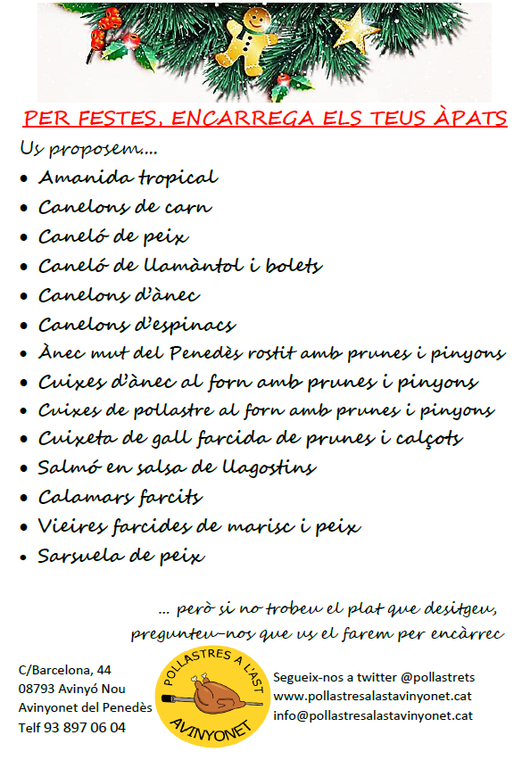 pollastrets's tweet photo. Aquestes festes encarrega'ns els teus àpats! Recorda: dia de Nadal tancat. Per Sant Esteve obert de 8h a 14.30h. Bones festes! 🌲 https://t.co/7ErIM4OZRL