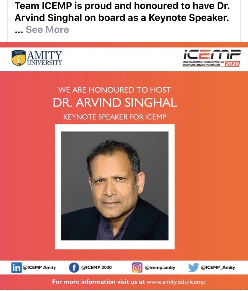 Team ICEMP, Amity University, is proud and honoured to have Dr. Arvind Singhal on board as a Keynote Speaker. January 9-10, 2020
#ICEMP2020 #International #AmityUniversity