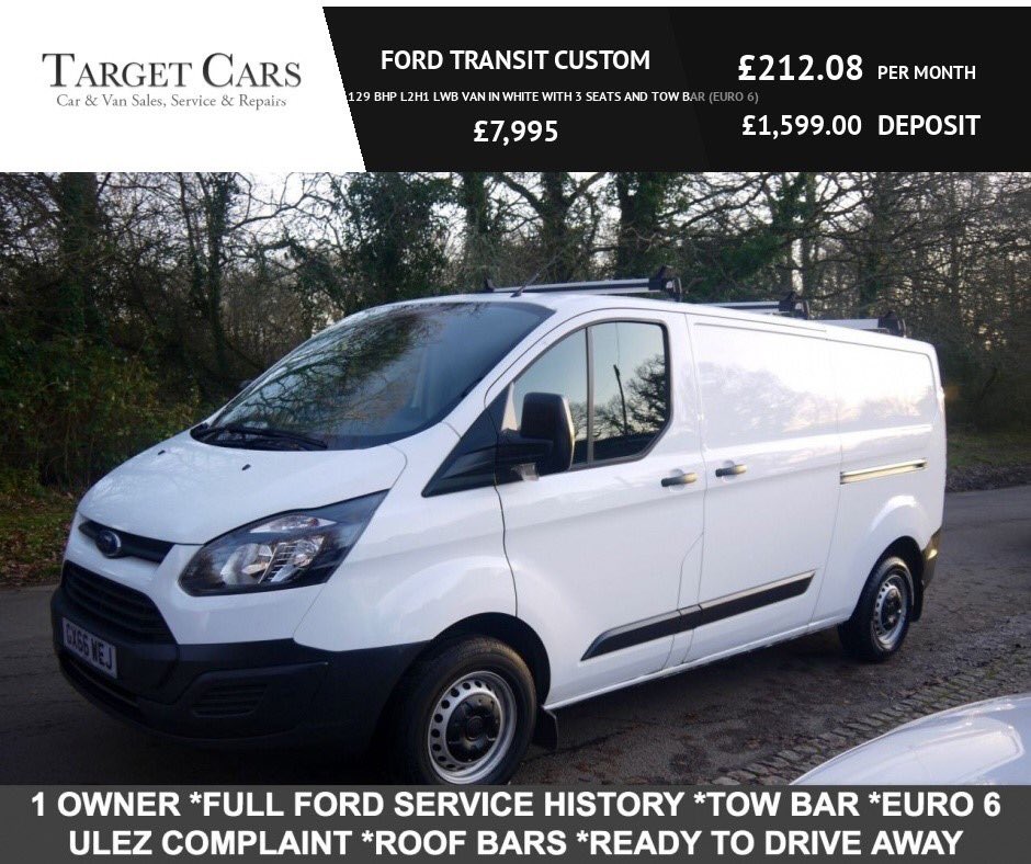 TargetCars's tweet image. 2016 FORD TRANSIT CUSTOM 290 2.0TDCI 129 BHP L2H1 LWB VAN IN WHITE WITH 3 SEATS AND TOW BAR (EURO 6) -  £7,995+VAT
Competitive Finance Available From only £212.08 per month
 105,000 MILES,DIESEL, 6 Speed Manual Gearbox, Only 1 Owner From New,  FSH Long MOT 6 Months RAC Warranty