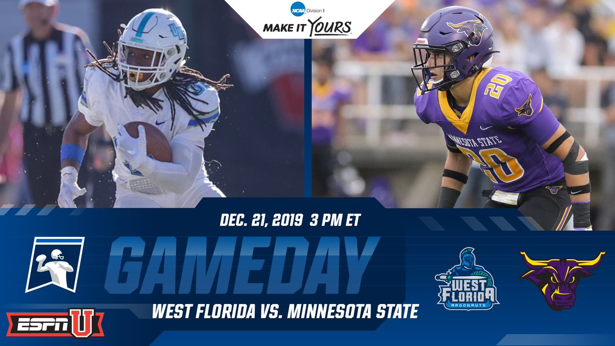 NCAADII's tweet photo. For it all. 🏈🏆

West Florida 🆚 Minnesota State
 
⏰ 3 p.m. ET
📺 ESPNU
📱 https://t.co/nL3Baz1Aid
📖 https://t.co/0TARO1B8jS

#D2FB | #MakeItYours https://t.co/VMPtWuc1ZO