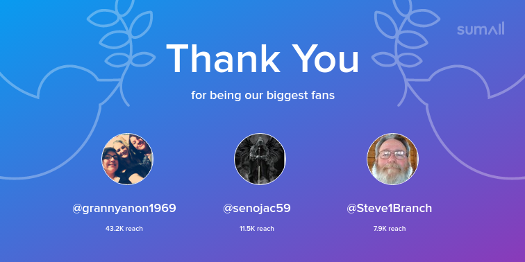 Our biggest fans this week: grannyanon1969, senojac59, Steve1Branch. Thank you! via sumall.com/thankyou?utm_s…