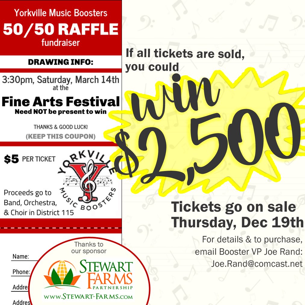 Y115musicboost's tweet photo. Win up to $2,500! 💵
At $5 a ticket, they’re perfect little gifts for co-workers, family, &amp; friends
.
AND you’re helping support the musicians in school district 115
.
Contact Booster VP for details &amp; to purchase your potential winner! 💰
Joe.Rand@comcast.net 
#5050Raffle https://t.co/VVMVAcOy9F