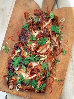 This tasty looking marinated and grilled salmon  recipe is sticky, citrussy and has a chilli kick. Perfect if you are hosting a dinner party #jamieoliver #salmon #yummyfood #recipes buff.ly/2Oaek9p