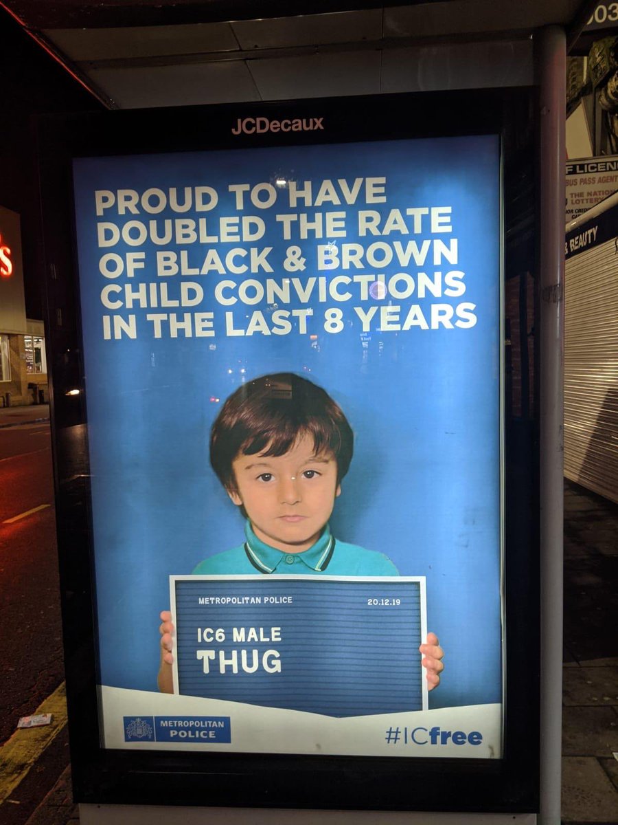 A powerful campaign has popped up in #Brixton highlighting the school to prison pipeline in this country. The police is a racist institution and young POC bear the brunt of this discrimination, every day. Massive kudos to the young people who pulled this together #ICFree