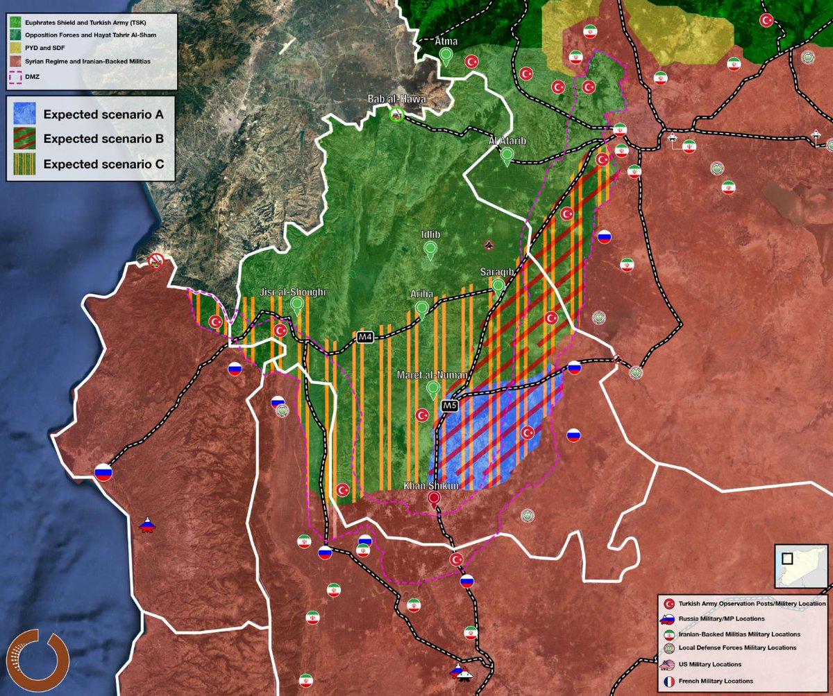 AleksKhlebnikov's tweet image. Here are several expected scenarios of #Syria|n army #Idlib offensive outlined by @OmranDirasat which look quite realistic.