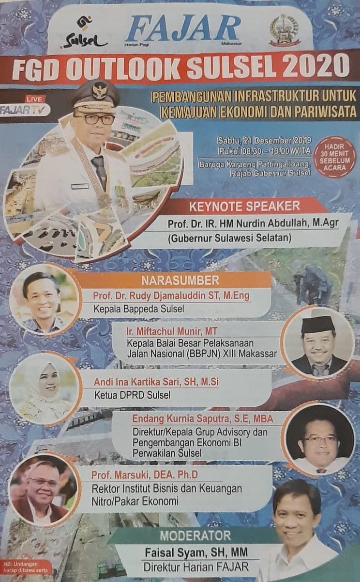 Sabtu, 21 Des 2019. Rektor Institut Bisnis dan Keuangan Nitro   Bpk Prof. H. Marsuki, DEA.Ph.d menjadi pemateri dalam FGD Outlook SUL-SEL 2020 di Baruga Karaeng Pattingalloang Rujab Gubernul SUL-SEL.#IBKNitro #RektorIBKNitro #OutlookSulSel2020