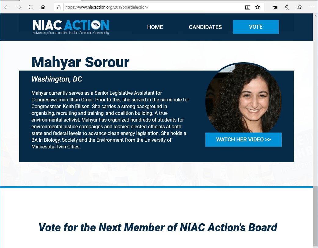 2) @mahyarsorour is the Senior Legislative Assistant to  @Ilhan. Sorour was a candidate for NIAC Action's leadership board back in July.