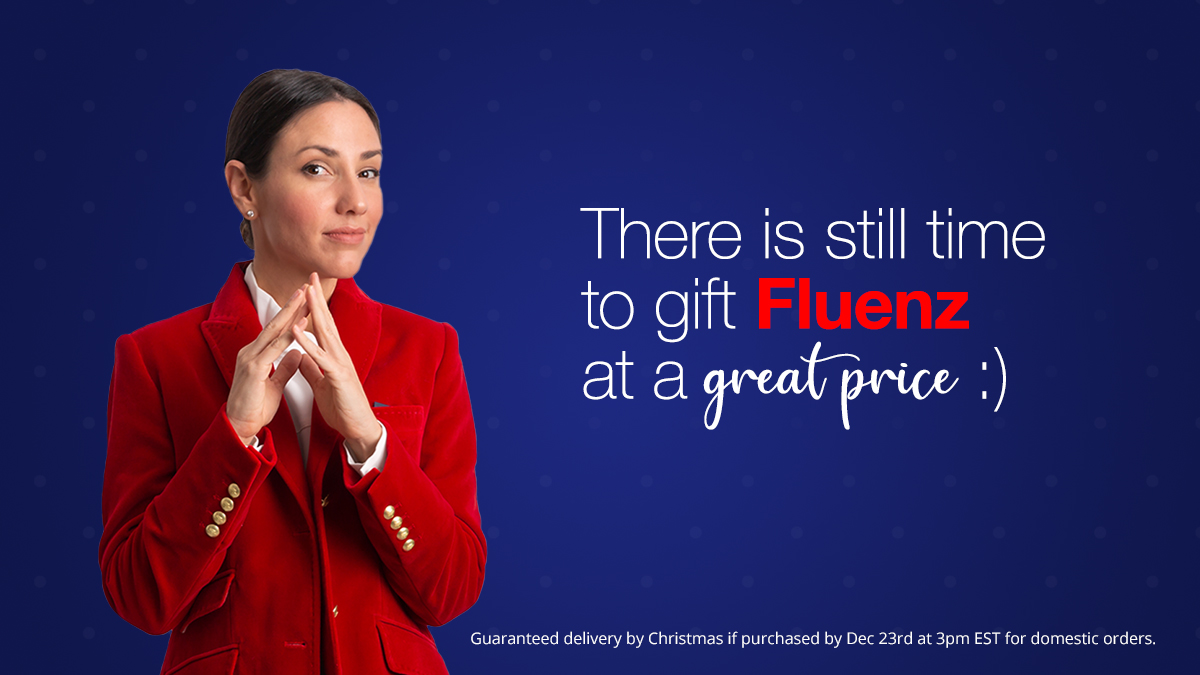 FluenzLab's tweet photo. Still not sure what to get your friends & family? Give the gift of language learning this holiday season. Delivery guaranteed by Christmas if purchased by December 23rd (3PM EST) https://t.co/UGzv9PnGJf @Sonia_Gil #BeFluent #LanguageLearning #Fluenz #Sales https://t.co/cGvUNEdlMD