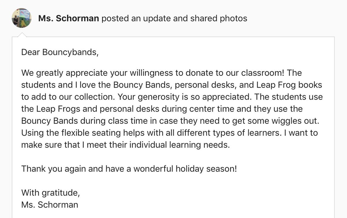 A huge CONGRATS to Ms. Schorman on her fully funded DonorsChoose campaign! 🎉 

We love getting to know our Bouncyband customers &amp; hearing all about their flexible seating classrooms.