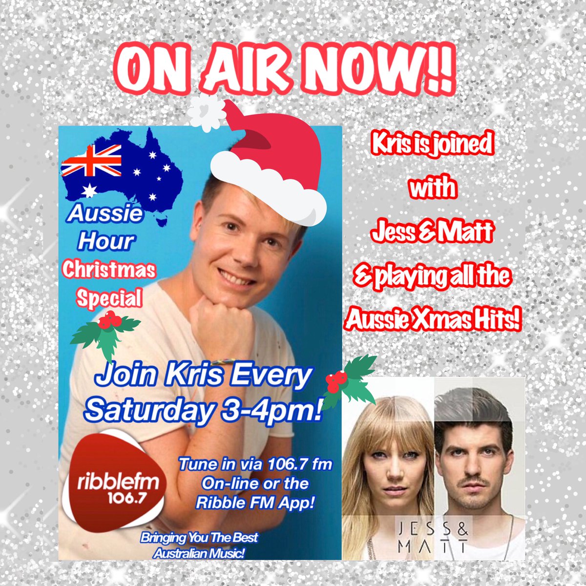 KrisCMeredith's tweet photo. On air now!!! Join me for a festive #AussieHour @ribblefm 🎅🏻🎅🏻🎅🏻
We chat with @JessAndMatt and find out their Christmas plans!⭐️
And playing my top 5 Aussie track of 2019!!🎄⭐️🎄

⭐️Don’t miss the last show of 2019!

▶️ https://t.co/DWgyPZNWCs https://t.co/jAxjDn8hTr