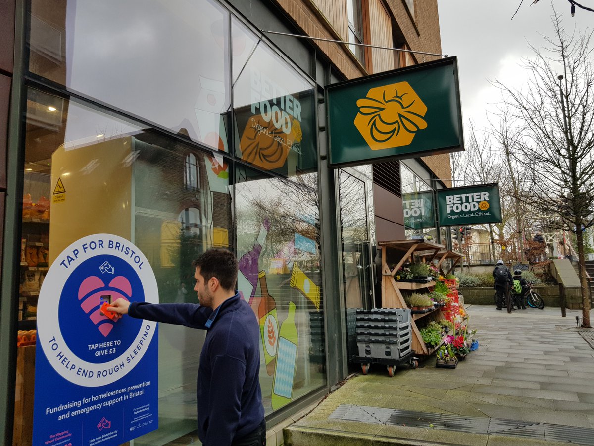 WappingWharfBS1's tweet photo. New TAP for Bristol contactless donation point now operating at #WappingWharf at @BetterFoodCo - raising money for Bristol's homeless with @caringinbristol and @BrisCentreBID . Swipe to donate just £3 for both crisis support and prevention work #TAPforBristol. https://t.co/RREqapaZnk
