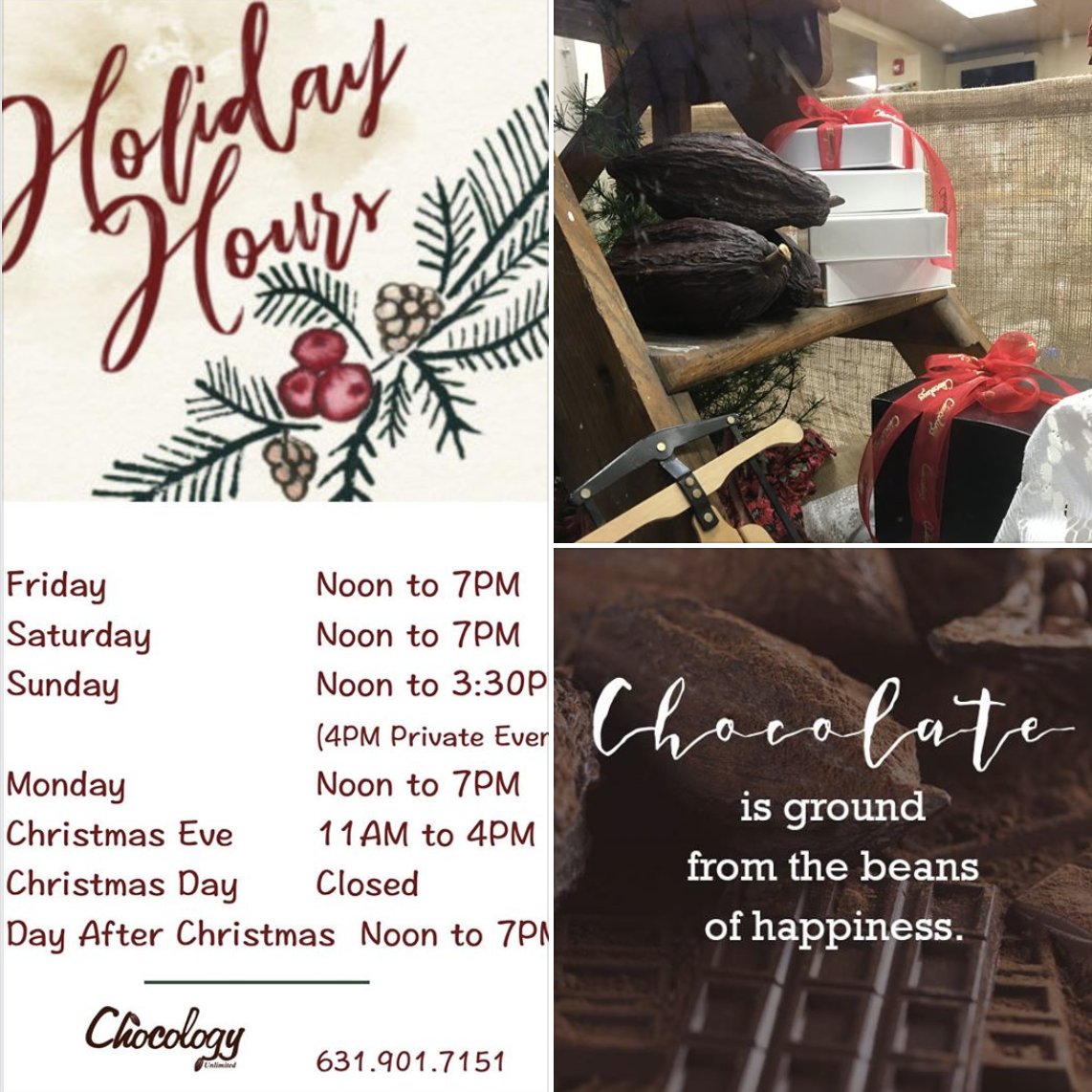 Holiday Shop Hours  ...we have everything you need for last-minute gifts!

#stonybrook  #Chocolate #Chocology #ChocologyUnlimited  #Fudge  #ArtisanChocolates  #Goatbutter #Goatmilk #stonybrook   #holidaygifts 
#Present #Presents #Shopping #StockingStuffer #StockingStuffers