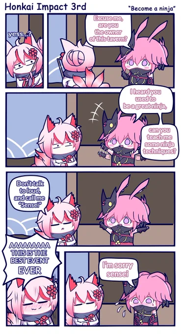 ⭐️⭐️ [Honkai Daily] ⭐️⭐️
How to be a proper Ninja

Special thanks to our fan artist Marin Liekuriva (Twitter: @MarinLiekuriva
) for the lovely 4-Koma manga~~

#HonkaiImpact3rd #miHoYo 