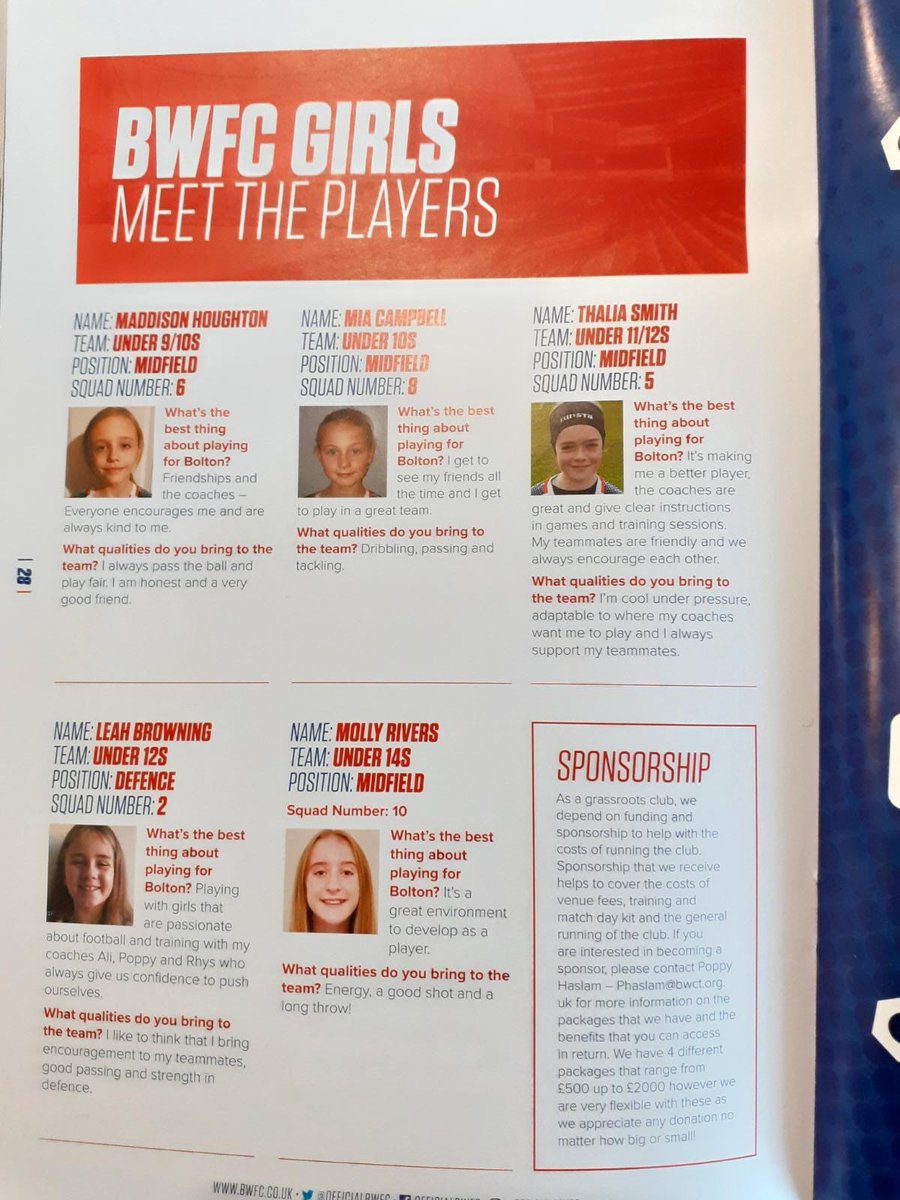 Mia in the ⁦<a href="/OfficialBWFC/">Bolton Wanderers</a>⁩ program today. Thanks to ⁦<a href="/poppshaslam/">Poppy Haslam</a>⁩ and ⁦@carlos8dexter⁩ for sorting.⁦⁦<a href="/BWFCGirls/">Bolton Wanderers Girls FC</a>⁩