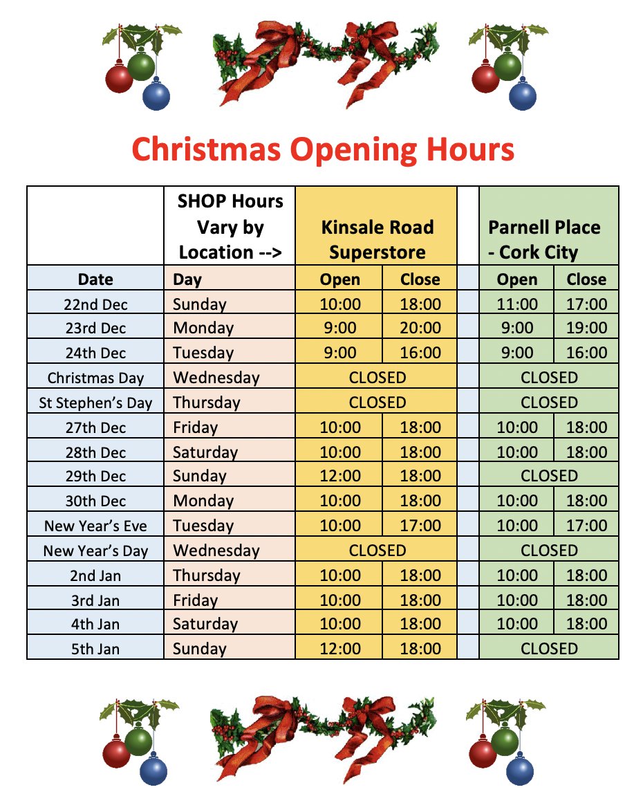 Christmas 2019 Opening Hours.
Wishing you all a Happy Christmas and Healthy New Year