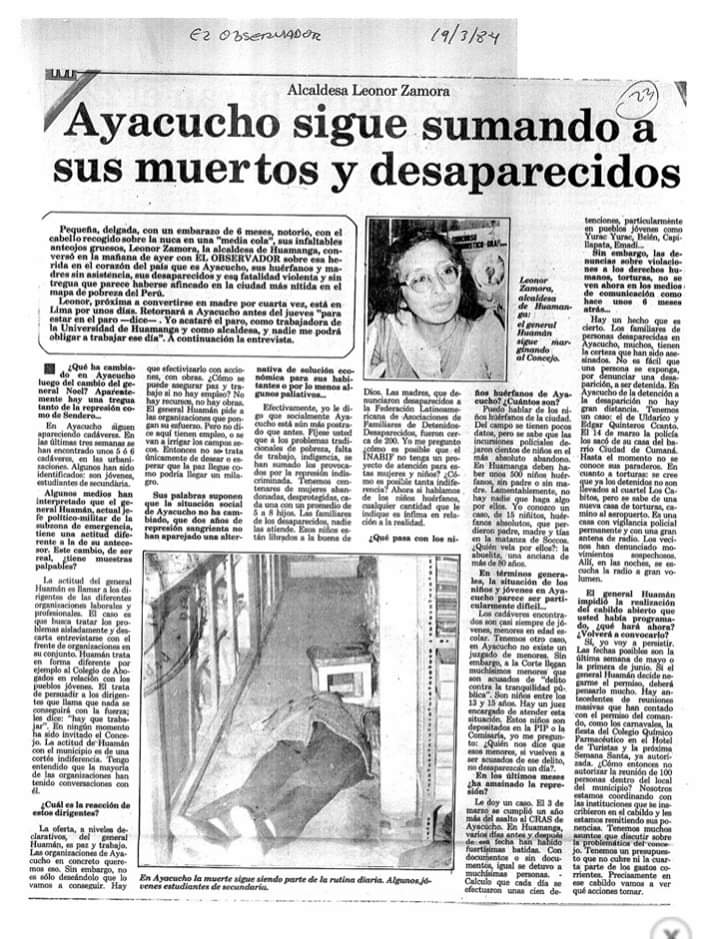 favidefo's tweet photo. Un día como hoy, hace 28 años, miembros del servicio de inteligencia del ejército peruano asesinaron a Leonor Zamora, ex alcadesa que supo defender los ddhh en los momentos más difíciles en Ayacucho. https://t.co/dd1A1WWvVg