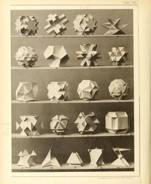 PublicDomainRev's tweet photo. Deck the halls with polyhedral models. Serious Christmas bauble collection courtesy of German geometer Max Brückner, 1900. More here: https://t.co/qIA6tBKOIx https://t.co/METHGsW33g
