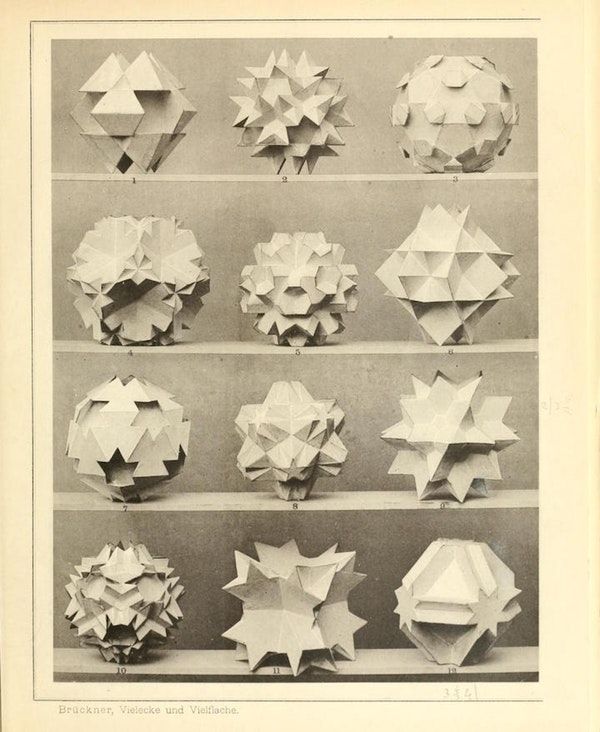 PublicDomainRev's tweet photo. Deck the halls with polyhedral models. Serious Christmas bauble collection courtesy of German geometer Max Brückner, 1900. More here: https://t.co/qIA6tBKOIx https://t.co/METHGsW33g
