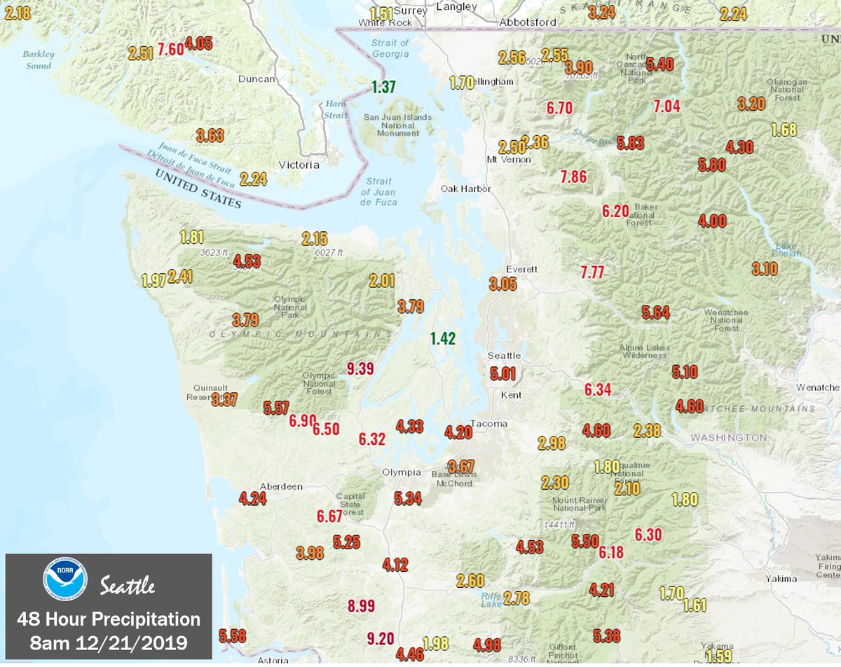 NWSSeattle's tweet photo. Have you all had enough rain yet? The heaviest is over with rain tapering off throughout the day. Check out these totals over the past 48 hours! Detailed list: https://t.co/a68BsqUa3F #wawx https://t.co/SZMxv2U5Vi