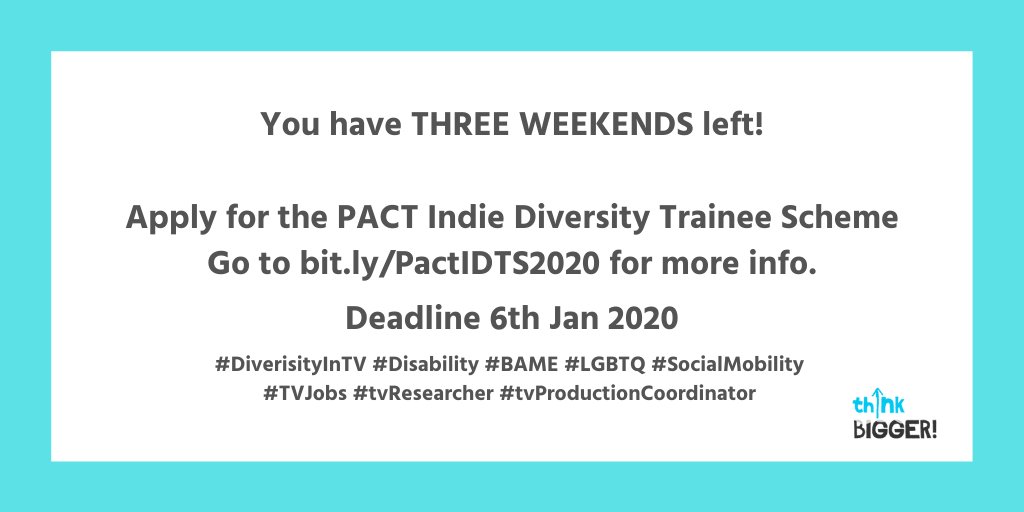 thinkbigger_org's tweet photo. thinkBIGGER work with @PactUK & some of the best UK Production Companies, to bring new talent into the TV industry. If you want to be a indie diversity trainee, apply now.
#DiverisityInTV #Disability #BAME #LGBTQ #SocialMobility
#TVJobs #tvResearcher #tvProductionCoordinator https://t.co/n9E5npTGEG