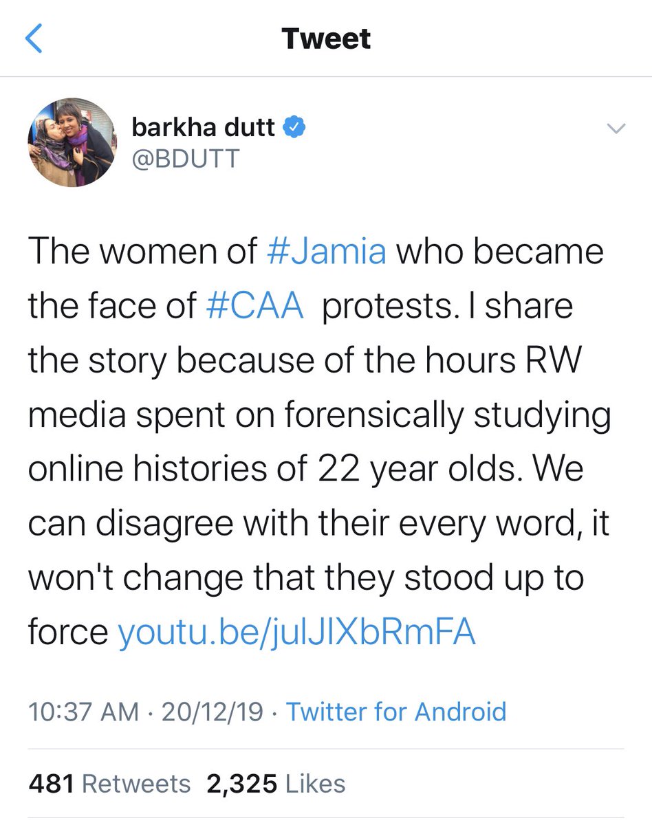ShefVaidya's tweet photo. You have to be a special kind of loathsome shameless to be @BDUTT and brazenly defend the Hindu and India hating Jamia girls who GLOATED on the death of our soldiers in the Pulwama attack! https://t.co/7BvE8GFAGE