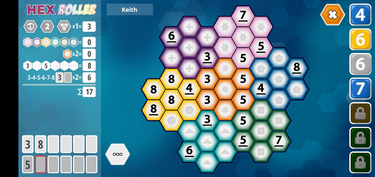 Enchilaudanum's tweet photo. #HexRoller is a great little roll&write by @rustan_h @FrostedGames @PlayRenegade and it has a fantastic android app by @outlinedev
My high score is 81, which probably isn't that high. https://t.co/J8Cvdm21bb
