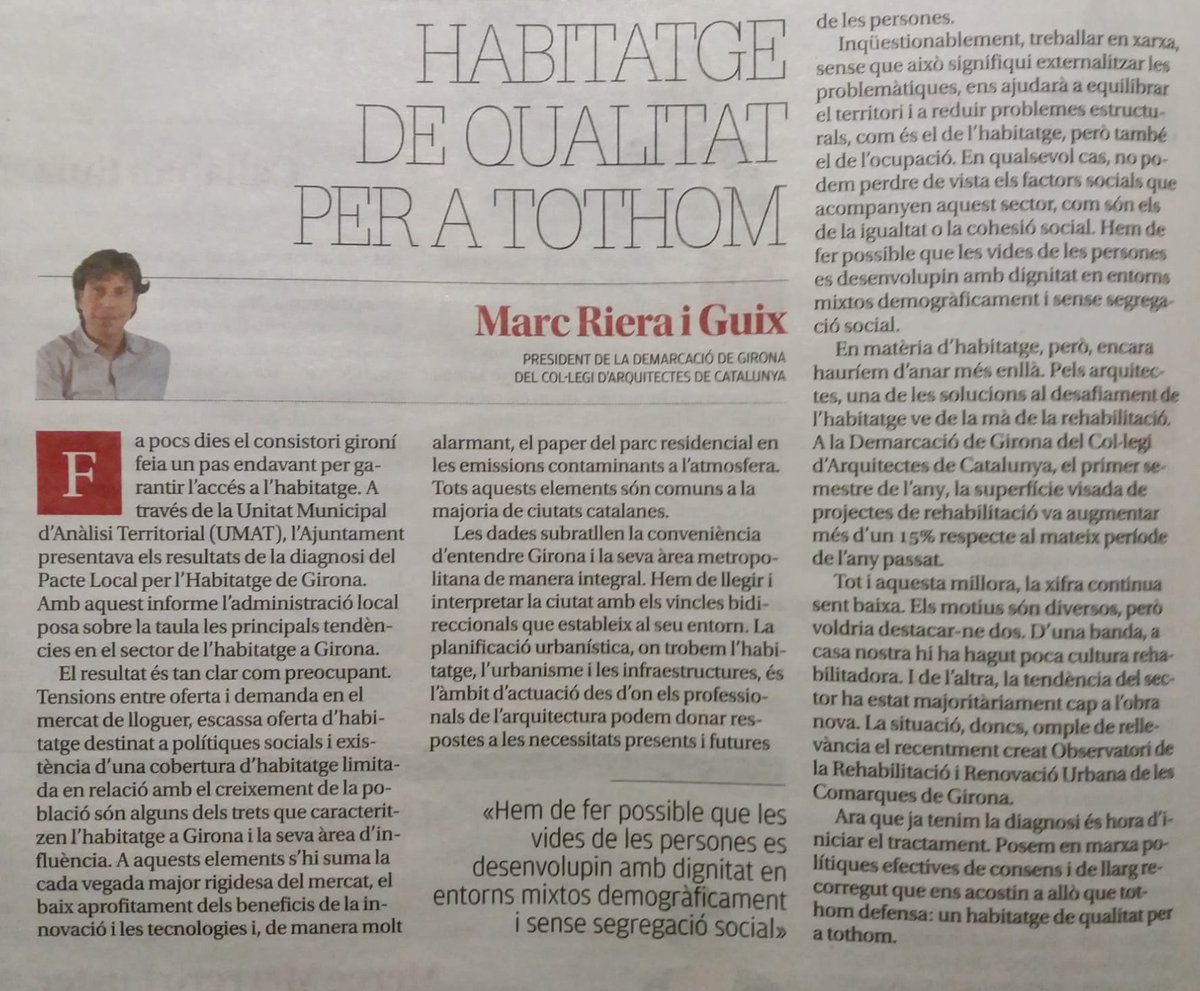COACGirona's tweet photo. 👉 El @DiarideGirona publica “Habitatge de qualitat per a tothom”, un article d’opinió de #MarcRiera, president del @COACGirona.

✏️ El compartim perquè el llegiu 👇 https://t.co/uJTSVQjS31