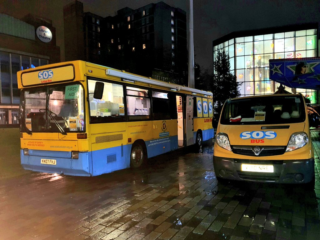 LutonSOS's tweet photo. The SOS Bus &amp; Mini Bus is parked up in St.Georges square, Luton. On shift tonight is our sos lead Clare &amp; Volunteer coordinator Ken, with supporting staff Rigerta, Jamie, Myles and Rachael. If you need any help or support please do pop by 👍 #Saferluton #heretohelp #SOSBUS https://t.co/Qt6JagZSI3
