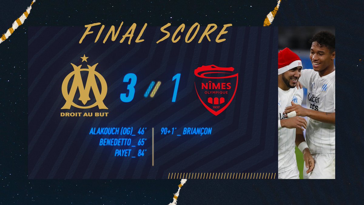 OM_Officiel's tweet photo. ⏱90+2 | #OMNO  3️⃣-1️⃣

😍 Fin d'année parfaite pour nos Olympiens, solides ce soir. 

🔥 Notre OM est un solide deuxième de @Ligue1Conforama à la trève. 

✈️ Rendez-vous en 2020 en Coupe de France contre Trelissac. #ALLEZLOM https://t.co/PiQdzf1ZCa
