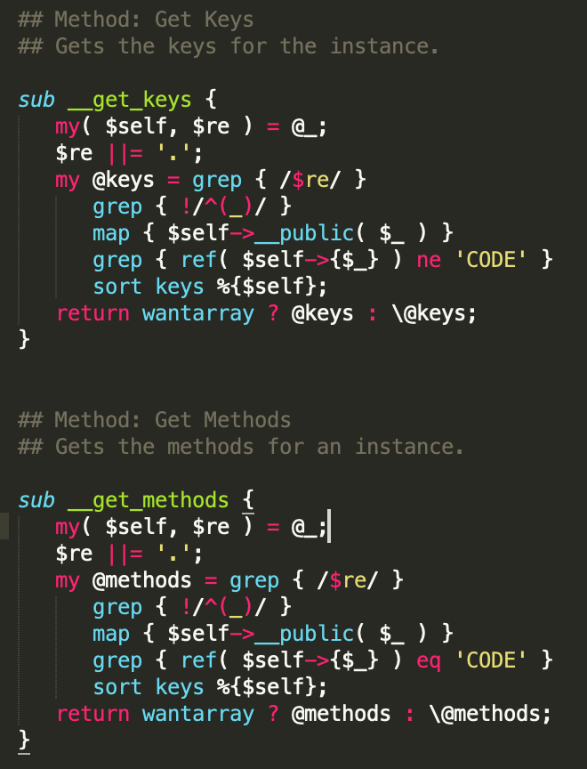 ChrisEOlive's tweet image. An example of search, map, filter AND reduce from about 20 years ago on a smallish dynamic class framework I built (never published) in #Perl5 #Perl that selects all attributes or all methods in a dynamic class. Code using this framework looks like #JavaScript #NodeJS of today.