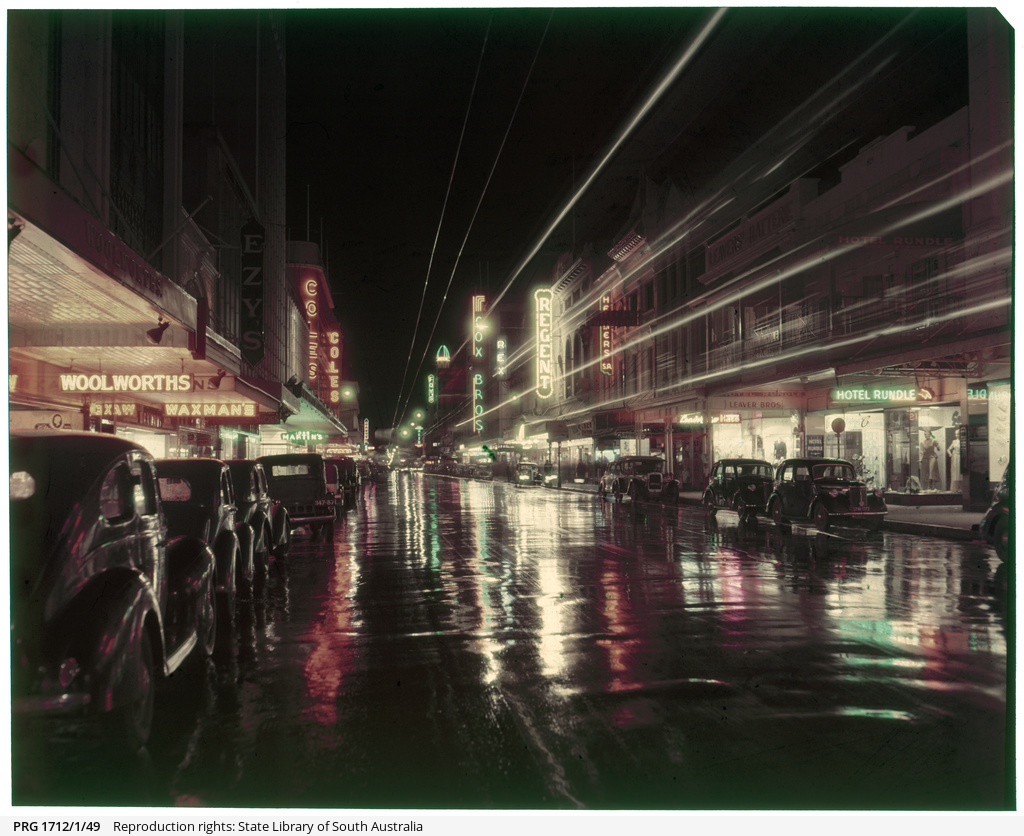 SLSA's tweet photo. 'Night view of Rundle Street, (now Mall) following rain', 1948.
So much to see in this beautiful photo by Keith Phillips.
Zoom in here: https://t.co/NTZYreYJDz
#Adelaide #SouthAustralia #RundleMall #RundleStreet #shops #stores #trolleybus #streetscapes #rain #photography https://t.co/ZHsp30q2O8