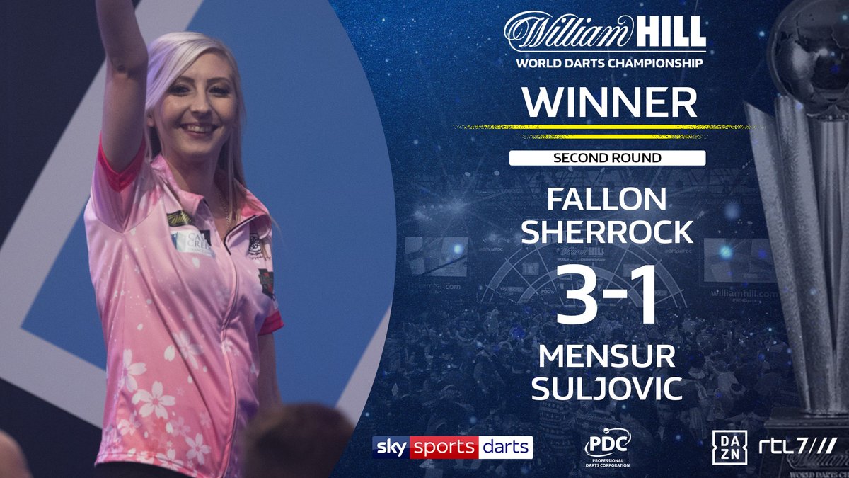 OfficialPDC's tweet image. SHERROCK STRIKES AGAIN!

Fallon Sherrock has dumped world number 11 Mensur Suljovic OUT of the World Championship!

The Queen of the Palace continues her fairytale run!