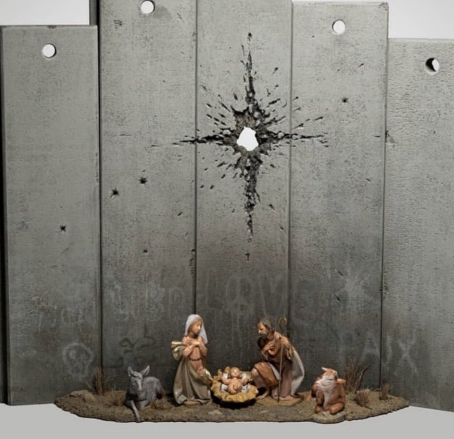 ShaneClaiborne's tweet image. Whoa. New Banksy piece... 
called the Scar of Bethlehem. Jesus is among the suffering.  And near to all those who are left out with no room in the inn and locked out by walls of hostility.