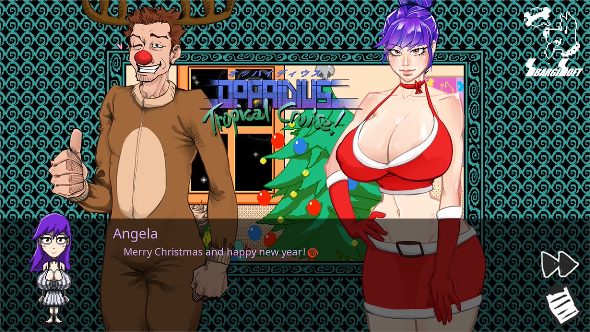 vittoriogiorgi's tweet photo. Merry Christmas, and happy new year! (Yes, we did the Christmas card with the game engine because we're crazy) #indiedev #visualnovel #Oppaidius #JimmyRudolph #ComingSoonOnSteam! https://t.co/loxNlUOK7X